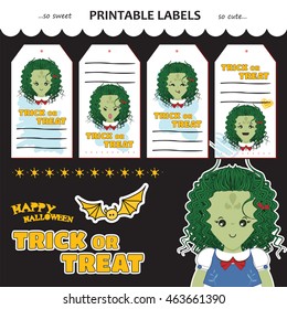 Vector Halloween collection of printable gift tags, labels, stickers. Trick or treat little gift cards. Flat illustration of cute smiling, grumpy, naughty, happy alien girl