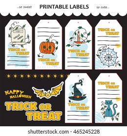 Vector Halloween collection of printable gift tags, labels, stickers. Trick or treat little gift cards. Doodle sweet elements, gravestone, pumpkin head, candlestick, spiderweb, witch hat, magic cat