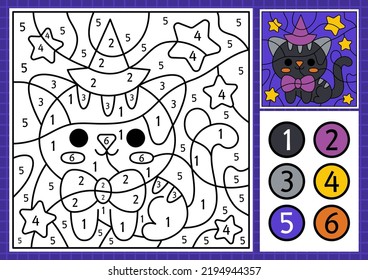 Vector Halloween color by number activity with cute kawaii cat. Autumn scary holiday scene. Black and white counting game with funny animal. Trick or treat coloring page for kids
