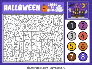 Vector Halloween color by number activity and cute kawaii haunted house  Autumn scary holiday scene  Black   white counting game and spooky cottage  Trick treat coloring page for kids

