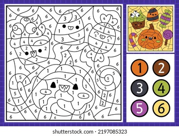 Vector Halloween Color By Number Activity With Cute Kawaii Sweets. Autumn Scary Holiday Scene. Black And White Counting Game With Candy, Pumpkin. Trick Or Treat Coloring Page For Kids
