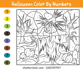 Vector Halloween Color By Number Activity, Printable Activity Page. Educational Coloring Page With 1-8 Numbers