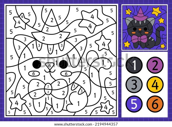 Vector
Halloween color by number activity with cute kawaii cat. Autumn
scary holiday scene. Black and white counting game with funny
animal. Trick or treat coloring page for
kids
