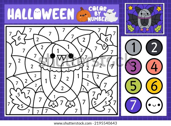 Vector
Halloween color by number activity with cute kawaii bat. Autumn
scary holiday scene. Black and white counting game with funny
animal. Trick or treat coloring page for
kids
