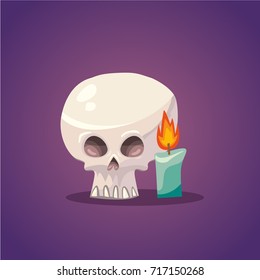 Vector Halloween color cartoon illustration of spooky human bone skull and flaming candle. Isolated 