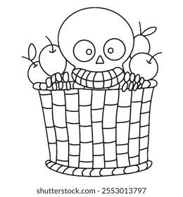 Vector Halloween coloring book. Skeleton hiding in basket with apples.