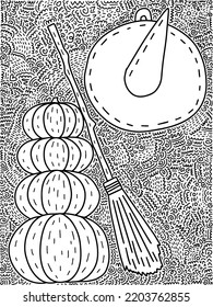 Vector Halloween coloring page with witch hat, pumpkins and broom. Mistery coloring page for children and adults