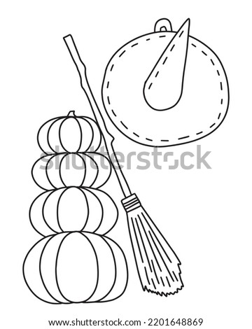 Vector Halloween coloring page with witch hat, pumpkins and broom. Mistery coloring page for children and adults