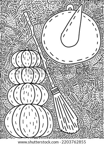 Vector Halloween coloring page with witch hat, pumpkins and broom. Mistery coloring page for children and adults