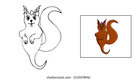 Vector halloween coloring pages. Squirrel is a cute spirit with a pink bow. Line art, outlines with color sample