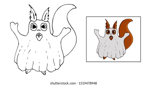 Vector halloween coloring pages. Squirrel dressed up as a ghost. Line art, outlines with color sample