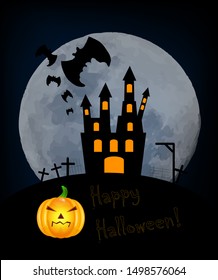 Vector halloween composition with pumpkin, scary castle, moon, and bats
