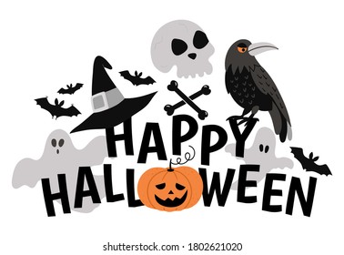 Vector Halloween composition with text, ghost, raven, scull, witch hat, bats. Funny autumn holiday background design for banners, posters, invitations. Card template with scary elements
