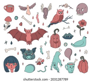 Vector halloween compositions with hand drawn flowers, witches and monsters. Cute design for Halloween party decorations. 