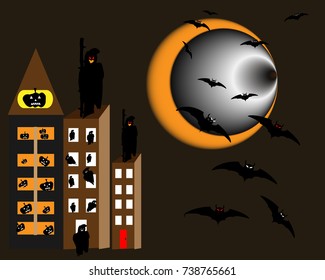 Vector Halloween concept with the building of pumpkins,ghost and bats flying in the lunar moon.