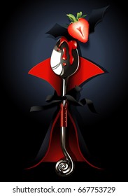 Vector Halloween concept design. Strawberry Sauce on Silver spoon in Vampire costume with Strawberry on Paper Bat.