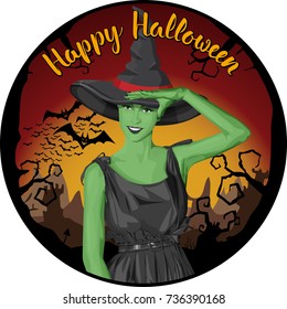 Vector Halloween concept. Green witch woman with hat. With lettering Happy Halloween