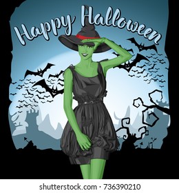 Vector Halloween concept. Green witch woman with hat. With lettering Happy Halloween