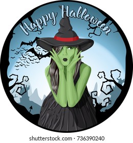 Concepto de Vector Halloween. Mujer bruja verde con sombrero. Con letras Feliz Halloween