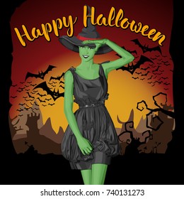 Concepto de Vector Halloween. Mujer bruja verde con sombrero. Con letras Feliz Halloween