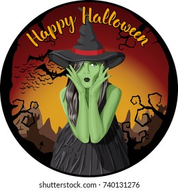 Vector Halloween concept. Green witch woman with hat. With lettering Happy Halloween