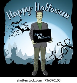 Vector Halloween concept. Monster Frankenstein with blackboard and lettering Happy Halloween