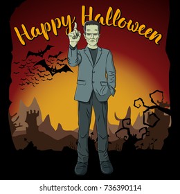 Vector Halloween concept. Monster Frankenstein with lettering Happy Halloween
