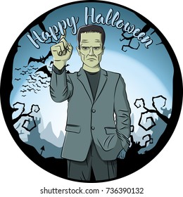 Vector Halloween concept. Monster Frankenstein with lettering Happy Halloween