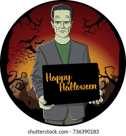 Vector Halloween concept. Monster Frankenstein with blackboard and lettering Happy Halloween