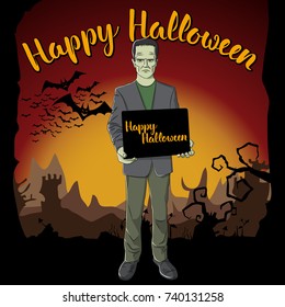 Vector Halloween concept. Monster Frankenstein with blackboard and lettering Happy Halloween