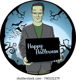 Vector Halloween concept. Monster Frankenstein with blackboard and lettering Happy Halloween