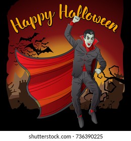 Concepto de Vector Halloween. Drácula de vampiros con letras Feliz Halloween