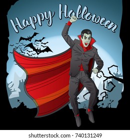 Vector Halloween concept. Vampire Dracula with lettering Happy Halloween