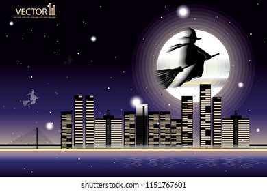 vector halloween concept.witch riding the bloom in the night sky on city background