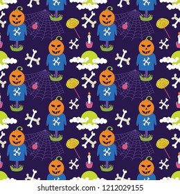 Vector Halloween consisting of scarecrow, pumpkins, bones, moons, candles, cobwebs and spiders. For web background, fabric, wrapping paper, trim.