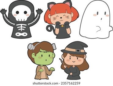 Vector Halloween Costume. Children wearing cute Halloween costume for holiday. Cute simple colorful vector icon arts