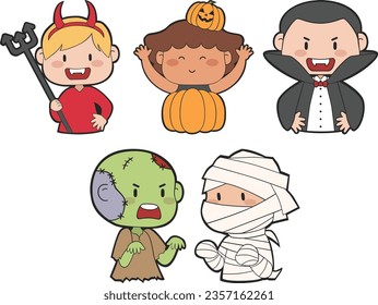 Vector Halloween Costume. Children wearing cute Halloween costume for holiday. Cute simple colorful vector icon arts