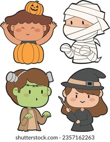 Vector Halloween Costume. Children wearing cute Halloween costume for holiday. Cute simple colorful vector icon arts