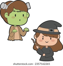 Vector Halloween Costume. Children wearing cute Halloween costume for holiday. Cute simple colorful vector icon arts