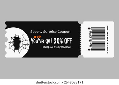 Vector Halloween coupon with coffin and web on black and white background. Editable design element. Part of a themed spooky coupon set