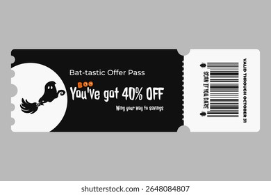 Vector Halloween coupon featuring a flying bat silhouette and 40% discount text on black background. Part of a themed Halloween coupon set. Editable design with transparent background