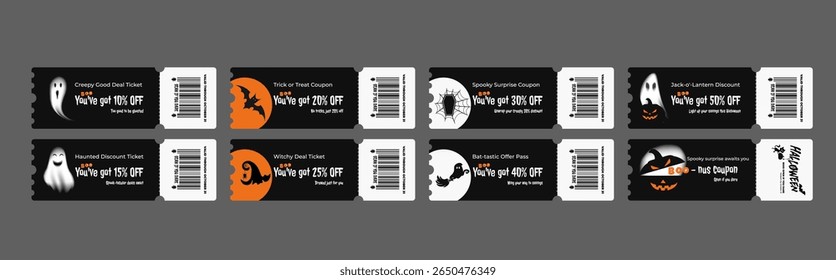 Vetor Halloween cupom definido com fantasmas, abóboras, morcegos e teias de aranha oferecendo descontos de 10% a 50%. Design editável em fundo preto e branco. Parte de uma coleção de venda assustadora.