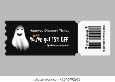 Cupom de Halloween vetor com um fantasma branco sorridente e 15% de desconto no texto sobre fundo preto. Clipart editável, parte do conjunto de cupons de desconto com tema de Halloween