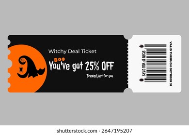 Vector Halloween coupon with witch hat and spider on orange circle, 25% discount text on dark background. Editable creepy element, part of Halloween coupon set