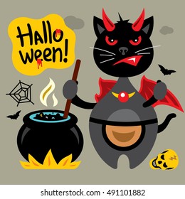 Vector Halloween Crazy Black Cat Cartoon Illustration.