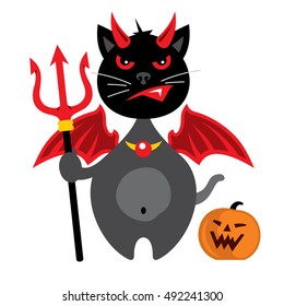 Vector Halloween Crazy Black Cat Cartoon Illustration.