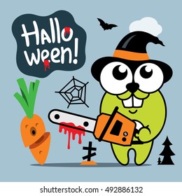 Vector Halloween Crazy Rabbit in witch hat Cartoon Illustration.