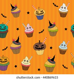 Vector of halloween cupcakes design into seamless pattern on stripe orange colors background.