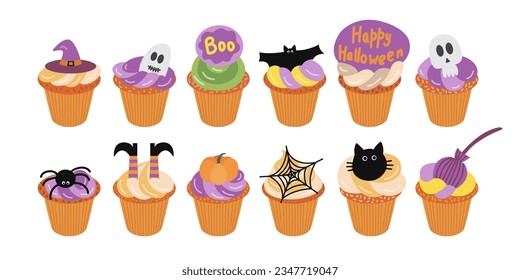 Vector Halloween se ocupa de un conjunto de estilo plano. Boo, Halloween feliz, postre aterrador, espeluznante muffins vectorial set