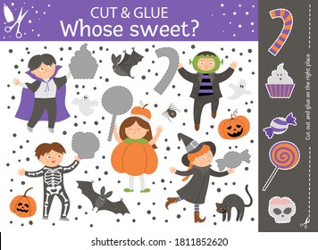 Vector Halloween cut and glue activity. Autumn educational crafting game with cute children in scary costumes and trick or treat sweets. Fun activity for kids. What’s missing in the picture?
